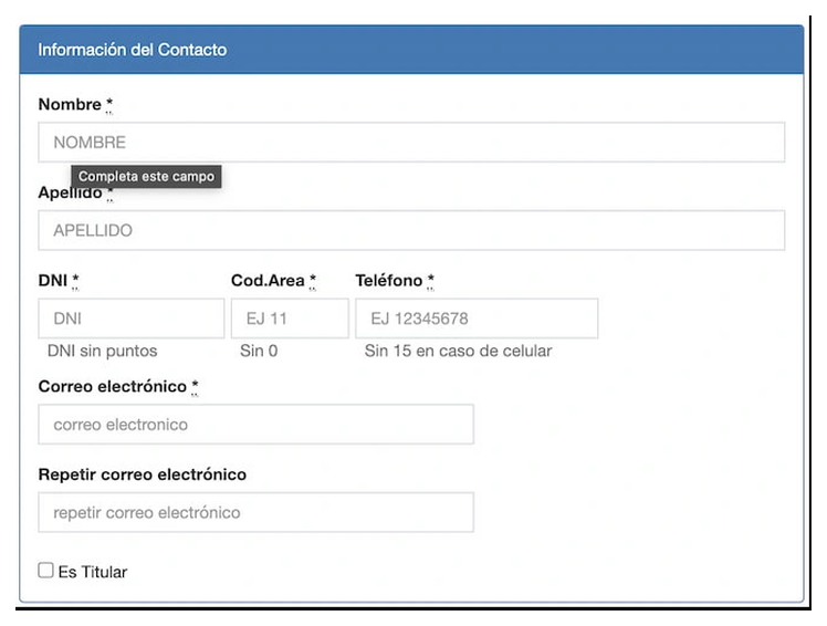 Paso 2 para sacar turno de la VTV en Bernal: información del contacto